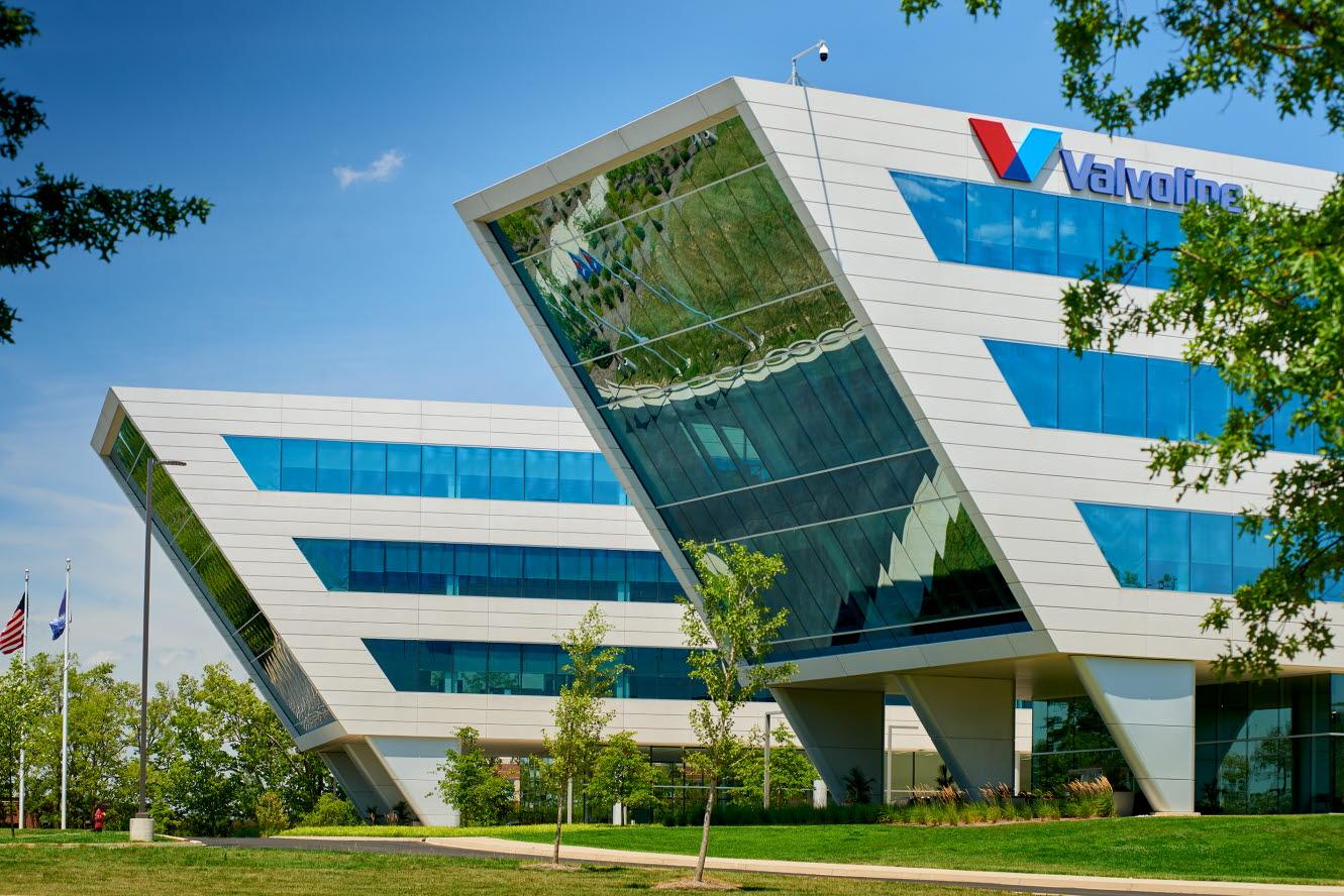 a precast concrete building with a 45 degree angle wall as part of the exterior.